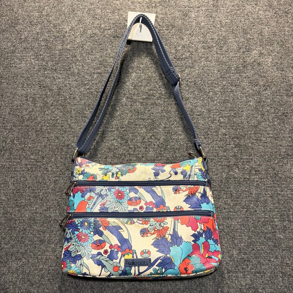 Sakroots Floral Print Coated Canvas Multi Zip Shoulder Crossbody Bag Lake Flower